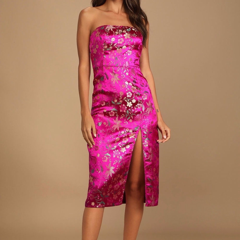 Magenta Satin Floral Jacquard Strapless Midi Dress